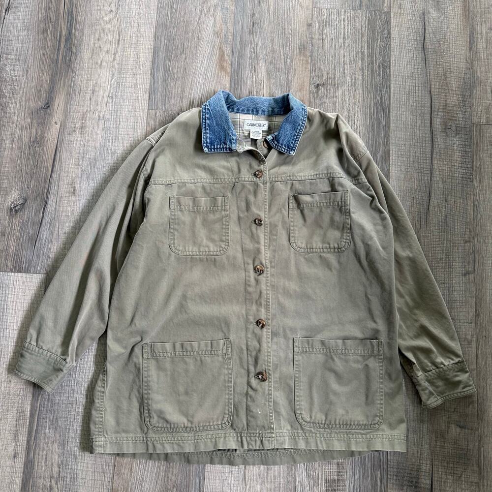 Vtg Cabin Creek XL Olive Green Denim Collar Chore Utility Barn Jacket Pockets